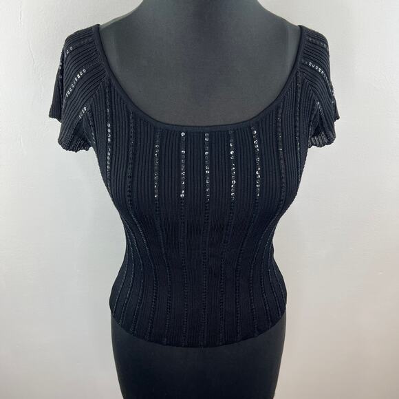 VINTAGE Laundry Shelli Segal Black Short Sleeve Mesh Overlay Sequin Stripe Top L - Picture 2 of 6